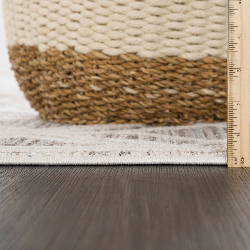 Close-up of Magnolia Beige 2301 area rug showing the rug's pile height, beige color, and geometric pattern. Pile