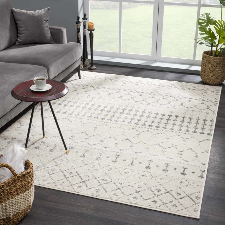 Living room scene with gray sofa and Marash KMRSH-4606 cream and gray area rug. Transitional style. Roomscene-Rectangle