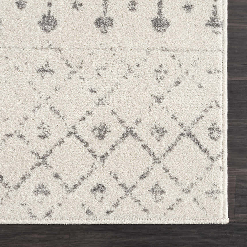 Close-up of the Marash KMRSH-4606 area rug. Cream rug with gray geometric and floral-inspired patterns. Polypropylene texture. Corner