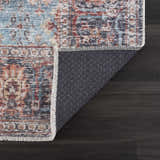 Close-up of Blue Burgundy Holi-2302 rug showing beige, blue, burgundy, and orange Persian-style pattern and non-slip backing. Fold