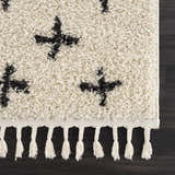 Close-up of the Alstead Shag Area Rug. Beige shag rug with charcoal plus sign pattern and braided fringe detail. Swatch
