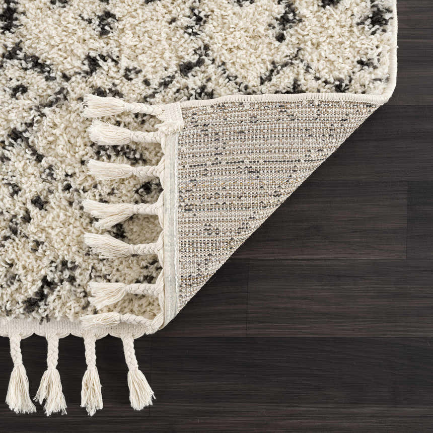 Close-up of the Kibureau Area Rug showing the beige and charcoal shag texture, tassels, and machine-woven backing. Fold