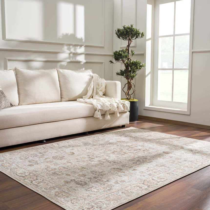 Living room with a neutral sofa and the vintage Niran Area Rug in light beige and brown tones. Roomscene-Rectangle