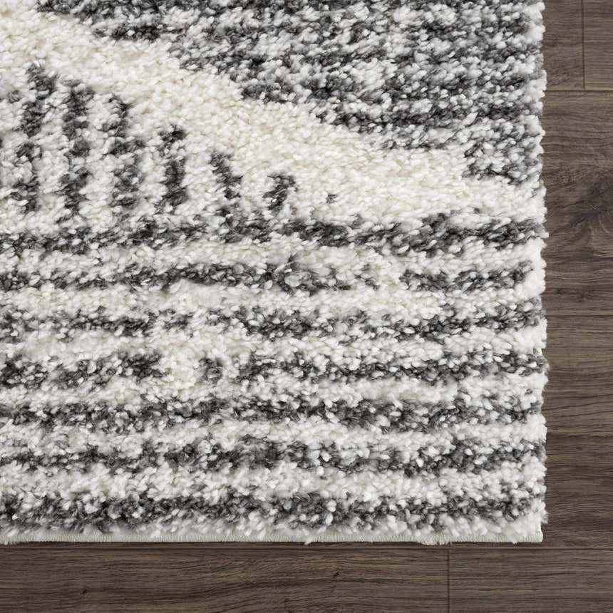 Close-up of the Trunding Plush Area Rug showing its charcoal and cream shag texture and bohemian pattern. Swatch