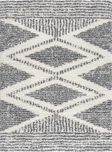 Close up of the Trunding Plush Area Rug. Charcoal and cream shag rug with a geometric diamond pattern. Design-Rectangle-5373