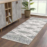 Entryway scene with a charcoal and cream Trunding Plush Area Rug, wood floors, cabinet, and potted plant. Roomscene-Runner