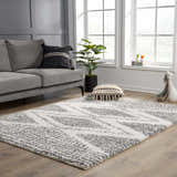 Living room scene with gray sofa and Trunding Plush Area Rug in charcoal and cream. Roomscene-Rectangle