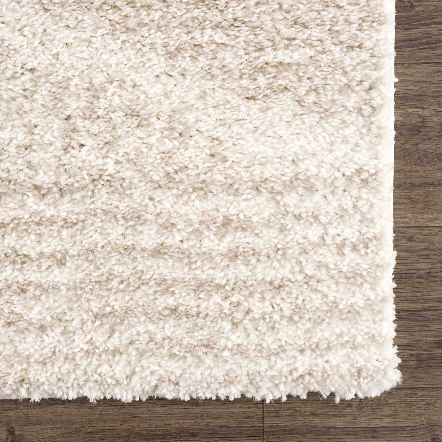 Close-up of the plush Hauteloom Trunding Rug in Light Beige, showing its shag texture and soft cream color on dark wood floor. Swatch