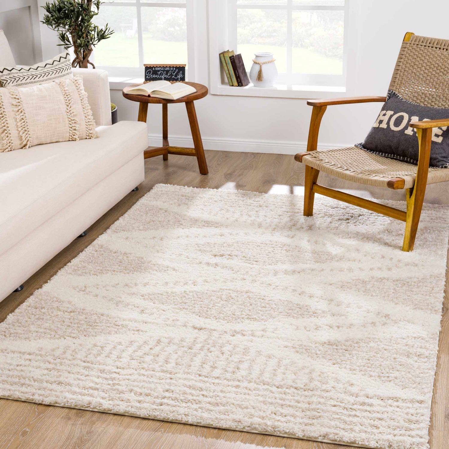 Living room scene with a light beige Hauteloom Trunding Plush Rug, cream sofa, and wooden chair. Natural light and cozy feel. Roomscene-Rectangle