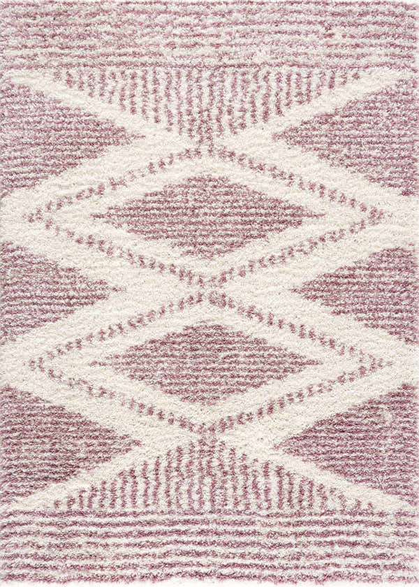 Close-up of Trunding Plush rug in pink. Shag rug features a cream and pink geometric diamond pattern. Soft texture. Design-Rectangle-46