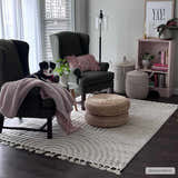 Living room scene with gray armchairs and Dauin 3D Rainbow Area Rug. Dog relaxing on chair with pink throw. Roomscene-Rectangle