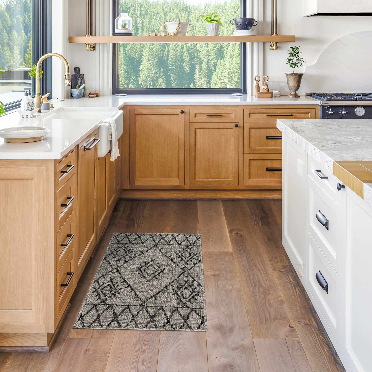 Light wood kitchen with Marwood Nordic Performance Rug in black and charcoal, adding a bohemian touch. Roomscene-Rectangle