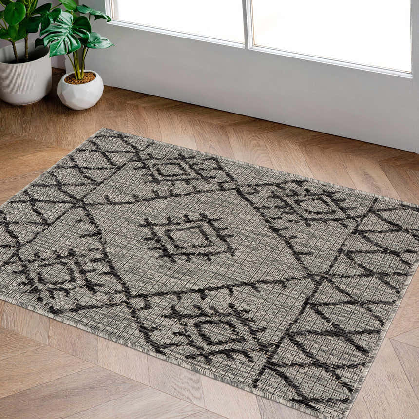 Entryway scene with a Marwood Nordic Performance Rug in black and taupe on wood floors. Roomscene-Rectangle