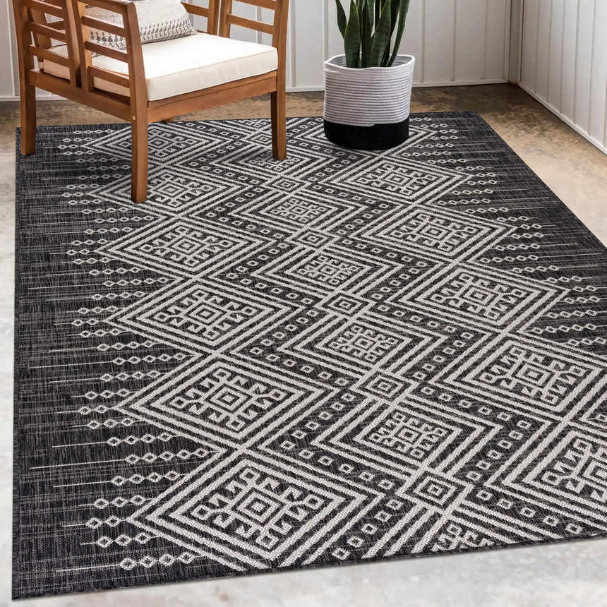 Patio scene with Frankville Black&White All Over Performance Rug, wooden chair, and potted snake plant. Roomscene-Rectangle