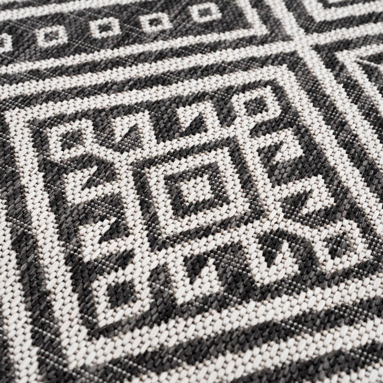 Close-up of the Frankville Black&White All Over Performance Rug showing its woven texture and geometric, Southwestern-inspired pattern. Texture