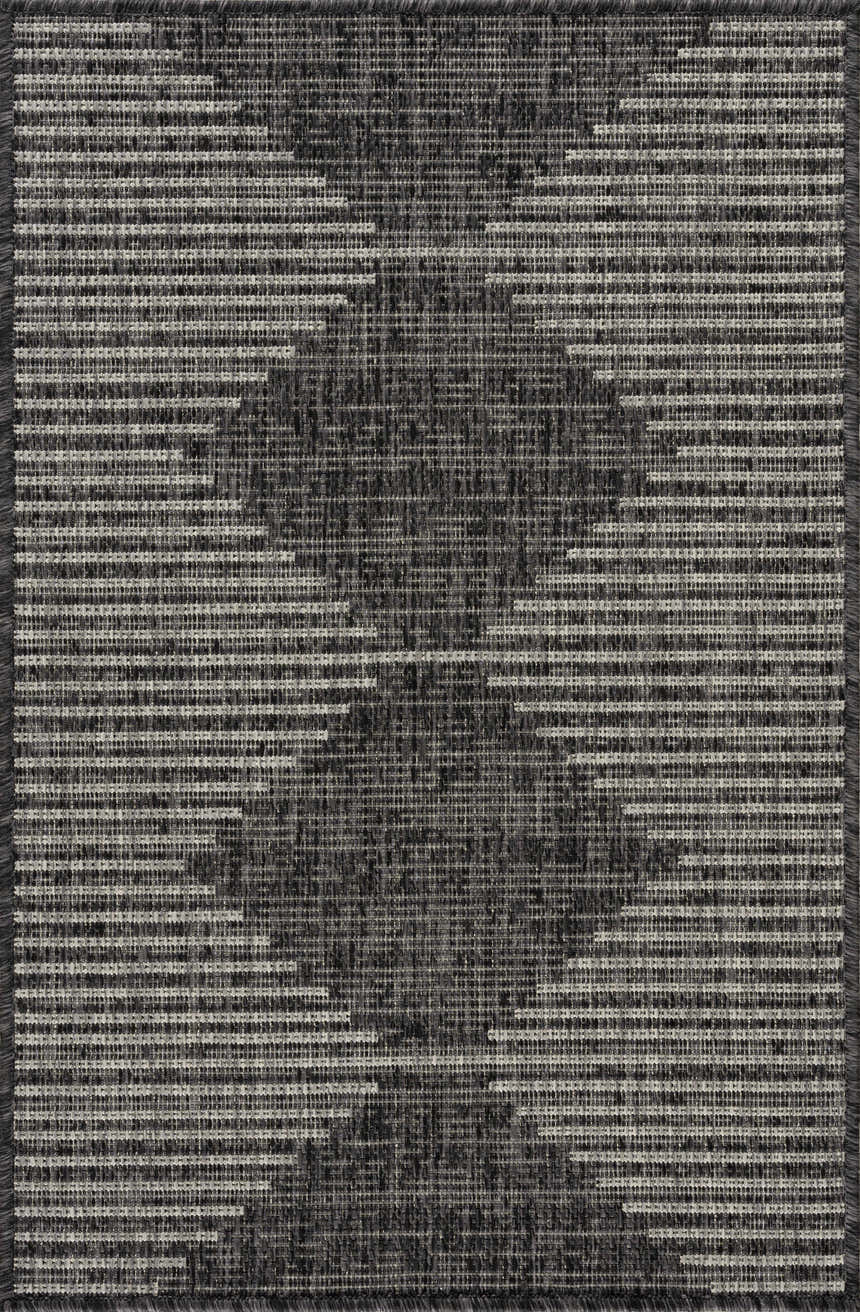 Close-up of the Stephan Area Rug featuring a black, charcoal, and cream Southwestern-inspired geometric pattern. Design-Rectangle-23