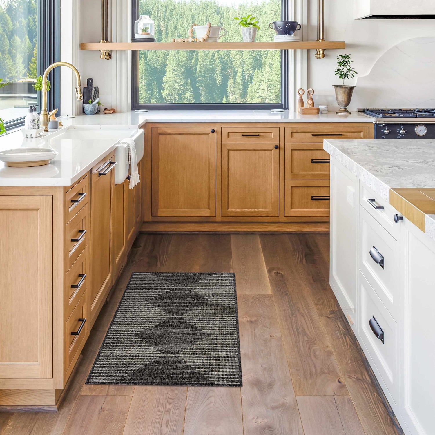 Modern kitchen with wood cabinets and Stephan Area Rug in black, charcoal, and cream. Southwestern style. Roomscene-Rectangle