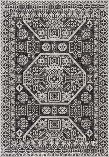 Close-up of the Kingscliff Nordic Rug, showcasing its black and off-white Bohemian-inspired geometric pattern. Design-Rectangle-5373