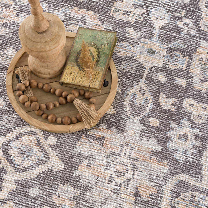 Close-up of the Okoth Area Rug featuring a traditional pattern in brown, beige, and blue tones. Styleshot