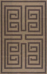 Close-up of the Coty Washable Jutely Rug. Features a maze-like geometric pattern in dark brown on a natural jute background. Design-Rectangle-58