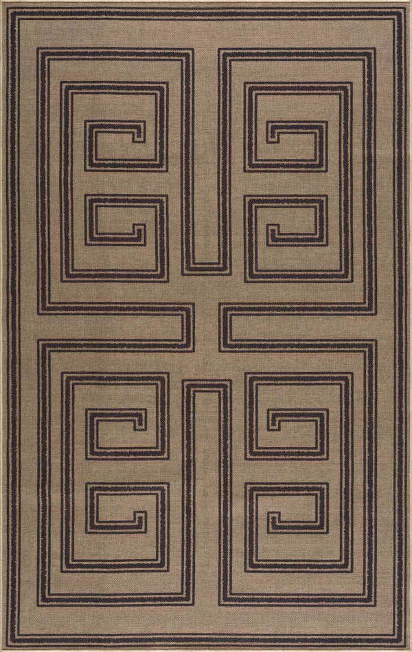 Close-up of the Coty Washable Jutely Rug. Features a maze-like geometric pattern in dark brown on a natural jute background. Design-Rectangle-58