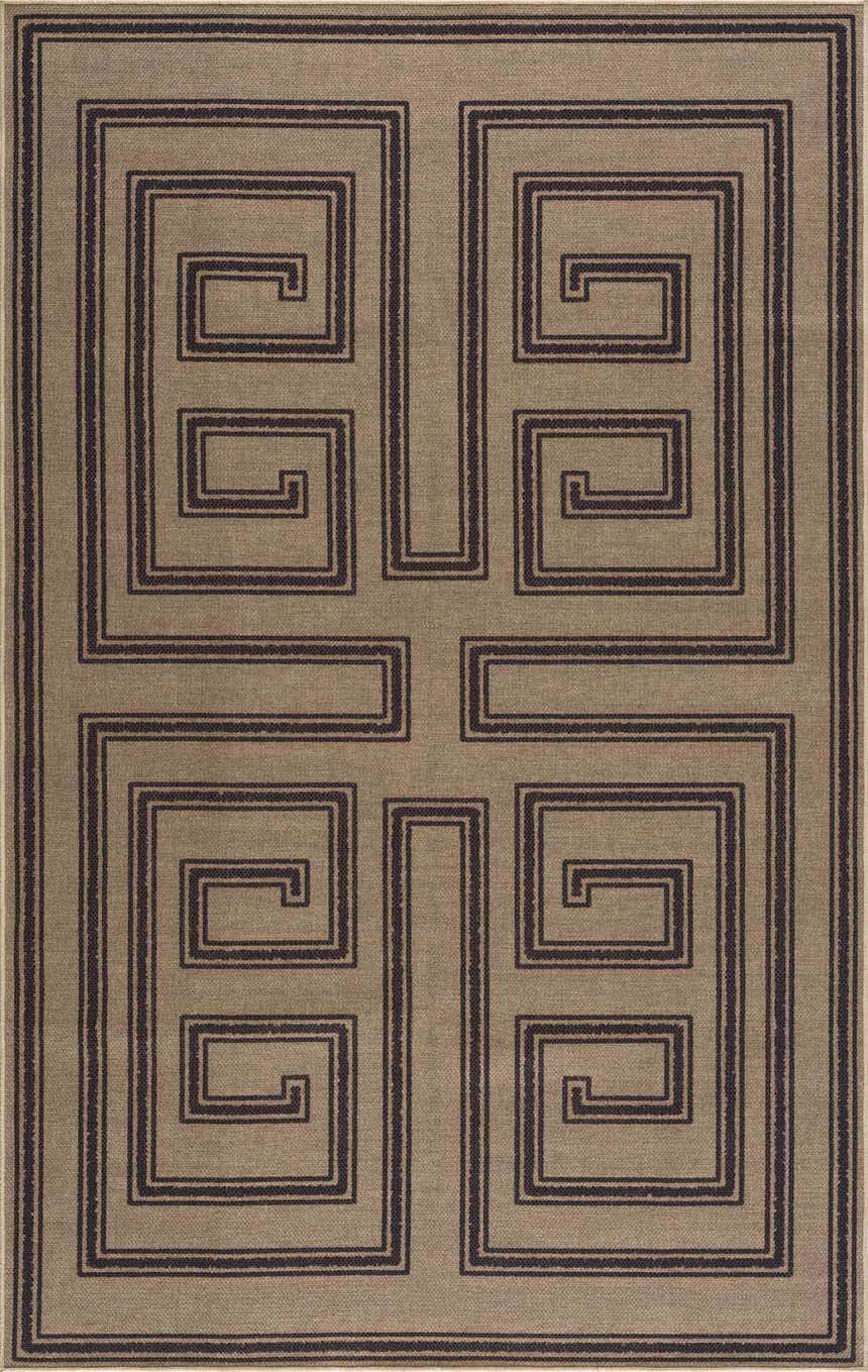 Close-up of the Coty Washable Jutely Rug. Features a maze-like geometric pattern in dark brown on a natural jute background. Design-Rectangle-58