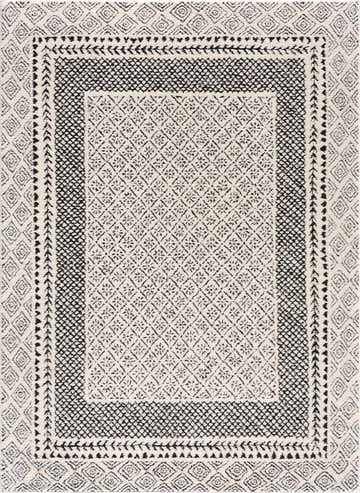 Close-up of the Julio Area Rug, a beige rug with black geometric diamond and floral patterns. Bohemian style. Design-Rectangle-537