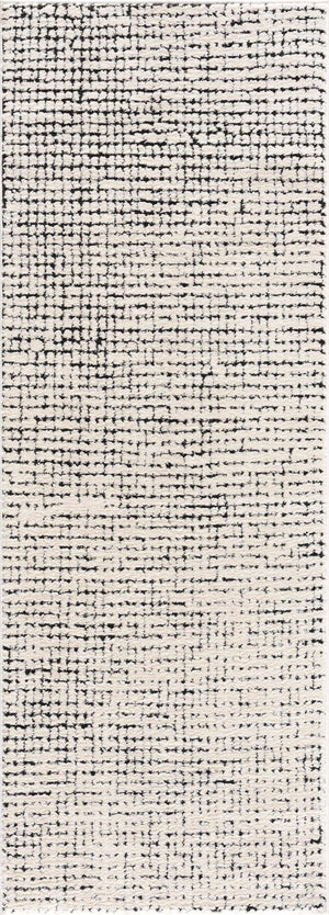 Close-up of a plush Keita Cream & Black Grid Rug. Features a geometric grid pattern in black on a beige, textured background. Design-Runner-2773