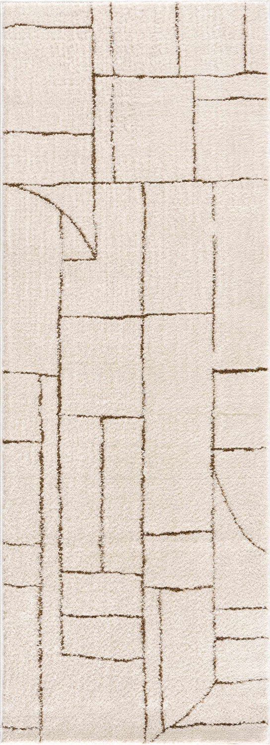 Close-up of Keats Area Rug featuring a beige pile with a brown geometric pattern. Contemporary style. Design-Runner-2773