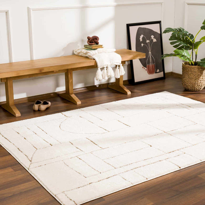 Entryway with wood bench, plant, and beige Keats Area Rug with geometric design. Roomscene-Rectangle