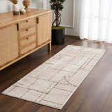 Entryway with a beige Keats Area Rug runner featuring a geometric brown pattern. Roomscene-Runner