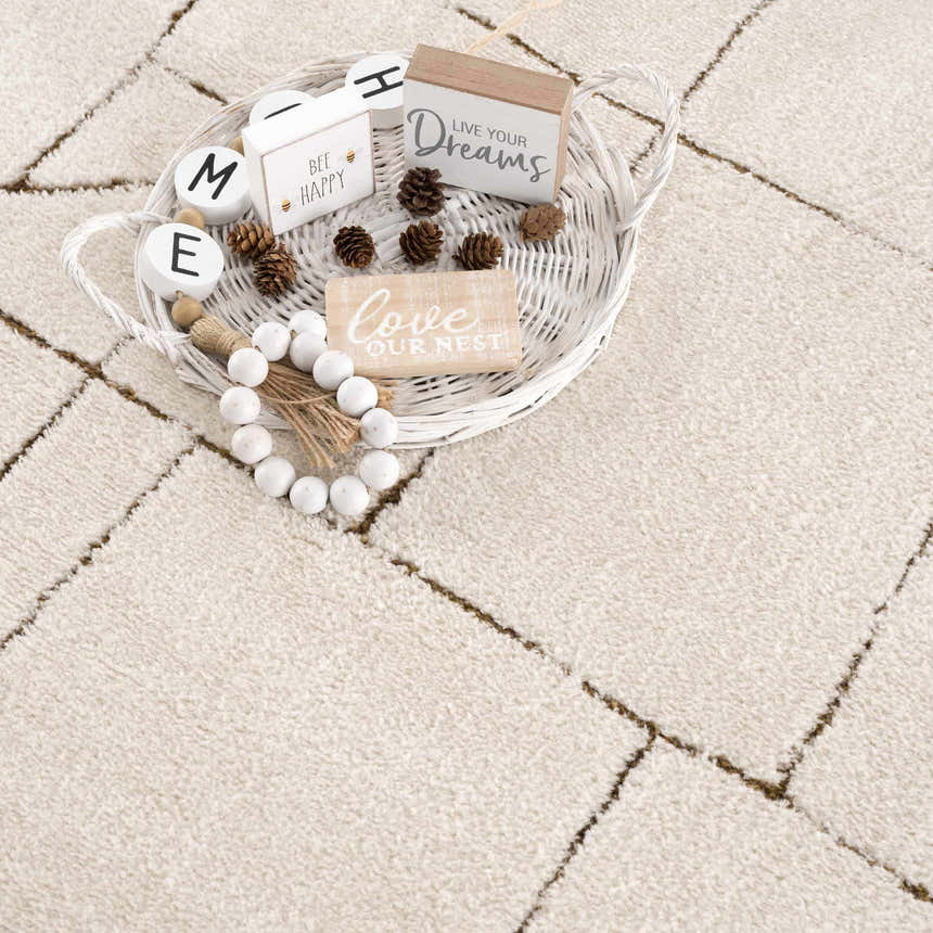 Close-up of the Keats Area Rug's beige shag texture and brown geometric line pattern. White decor basket with pinecones. Styleshot