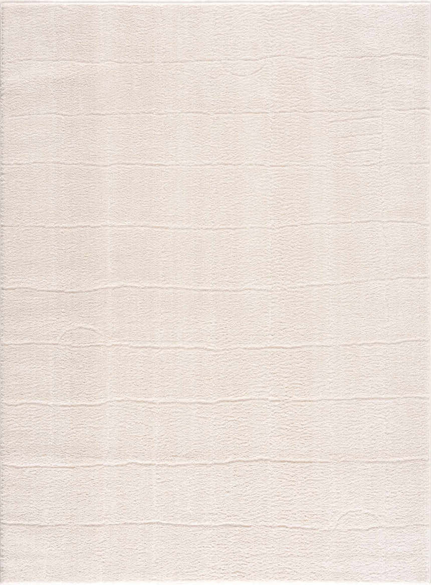 Close-up of the Keanu Ivory Area Rug. The rug has a subtle horizontal striped pattern and a soft, textured surface. Design-Rectangle-537