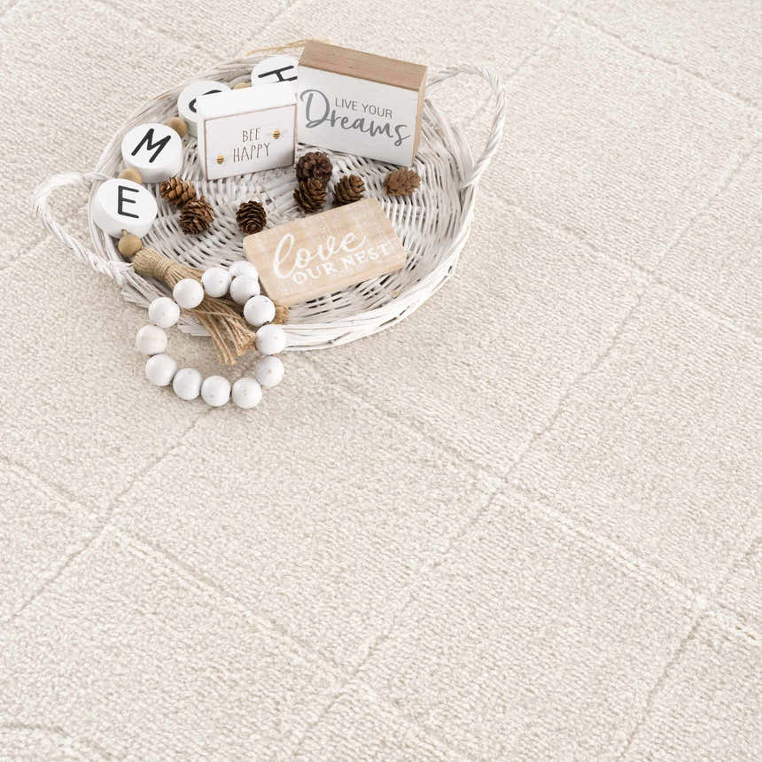 Close up of the Keanu Ivory Area Rug showing its textured, machine woven design and soft, neutral color. Styleshot