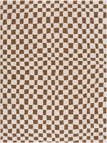 Close-up of Lajos Brown Checkered Shag Rug. Brown and beige checkerboard pattern with a soft, textured shag pile. Design-Rectangle-537