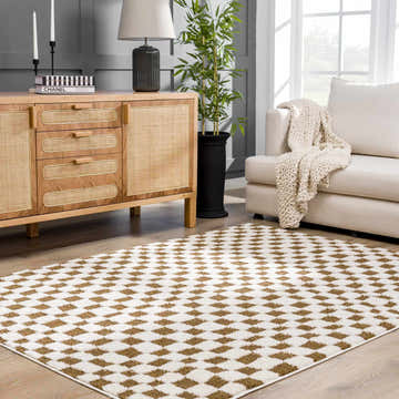 Living room scene with a Lajos Brown Checkered Shag Rug, wood cabinet, white sofa, and plant. Warm and inviting space. Roomscene-Rectangle