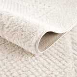 Close up of the Julio Ivory Area Rug showing its plush pile, woven texture, and backing. Fold