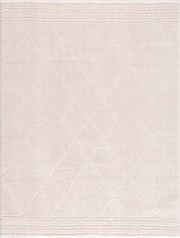 Close-up of the Keone Ivory Area Rug. Beige polyester rug with diamond pattern and textured border. Design-Rectangle-537