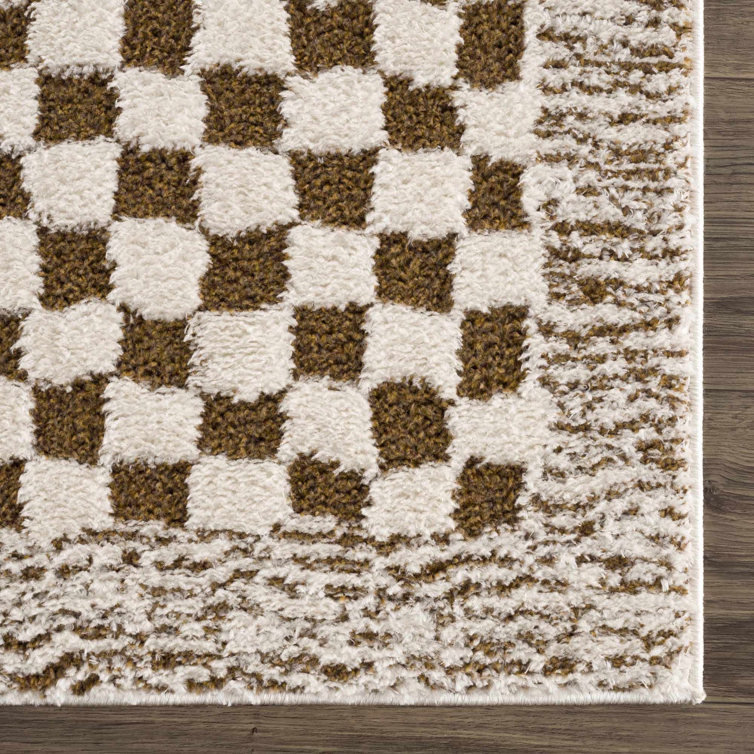 Close-up of the Leryn Brown Checkered Plush Rug. Features a beige and brown checkerboard pattern with a soft, plush texture. Swatch