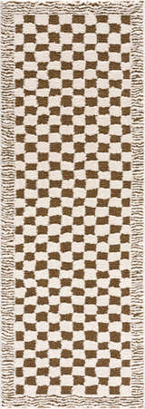Close-up of the plush Leryn Brown Checkered Rug. Beige and brown checkered pattern with textured fringe. Design-Runner-2773