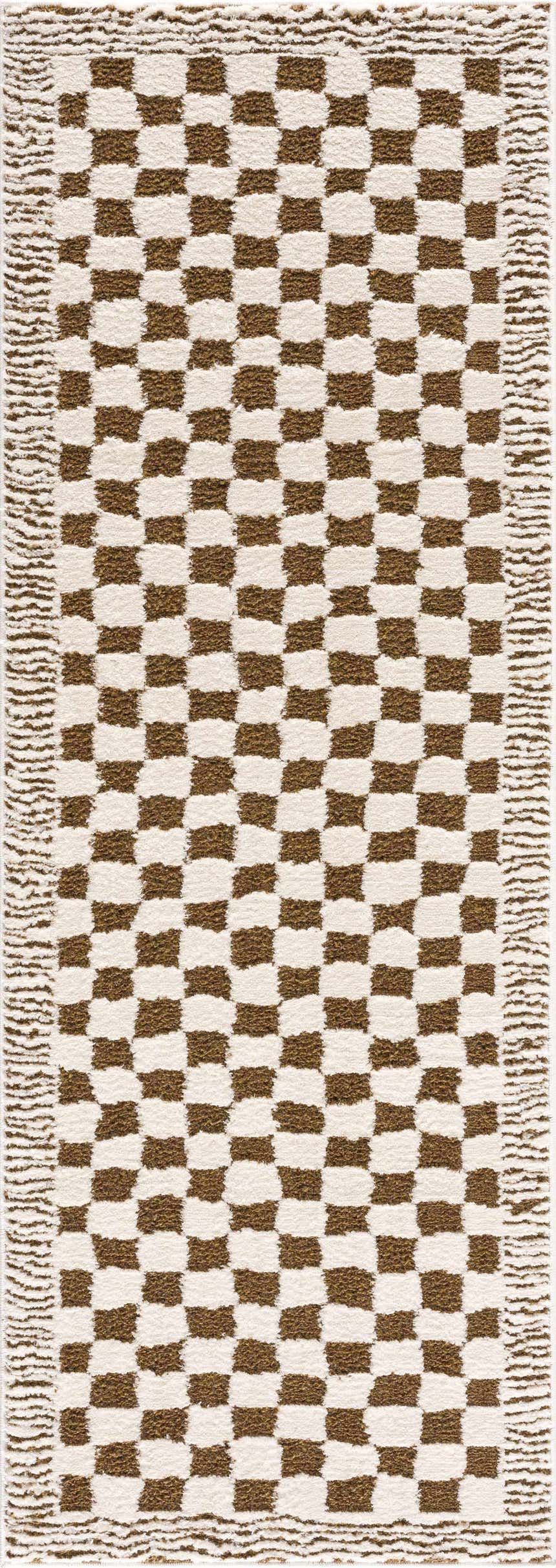 Close-up of the plush Leryn Brown Checkered Rug. Beige and brown checkered pattern with textured fringe. Design-Runner-2773
