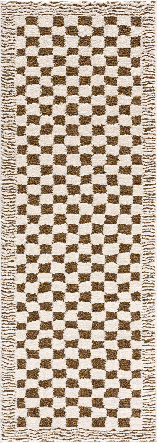 Close-up of the plush Leryn Brown Checkered Rug. Beige and brown checkered pattern with textured fringe. Design-Runner-2773