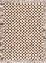 Close-up of the Leryn Brown Checkered Plush Rug. Features a brown and beige checkerboard pattern with a textured fringe. Design-Rectangle-537