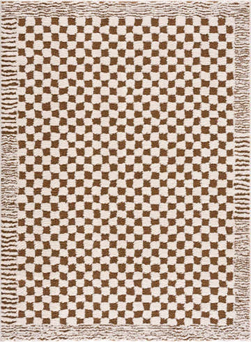 Close-up of the Leryn Brown Checkered Plush Rug. Features a brown and beige checkerboard pattern with a textured fringe. Design-Rectangle-537