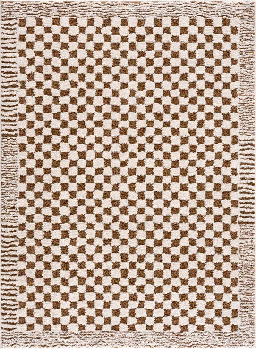 Close-up of the Leryn Brown Checkered Plush Rug. Features a brown and beige checkerboard pattern with a textured fringe. Design-Rectangle-537