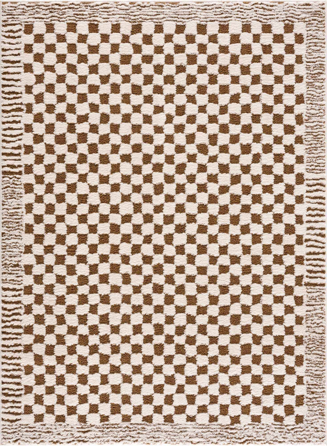 Close-up of the Leryn Brown Checkered Plush Rug. Features a brown and beige checkerboard pattern with a textured fringe. Design-Rectangle-537