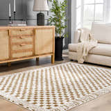 Living room scene with a Leryn Brown Checkered Plush Rug, wood cabinet, sofa, and plant. Contemporary style. Roomscene-Rectangle