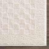 Close-up of the Leryn Ivory Checkered Area Rug showing its textured, geometric checkered pattern and soft beige and ivory tones. Swatch