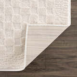 Close-up of the Leryn Ivory Checkered Area Rug showing its plush texture, checkered pattern, and woven backing on wood floor. Fold