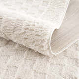 Close-up of the plush, ivory Leryn Ivory Checkered Area Rug showing its geometric checkered pattern and woven backing. Fold